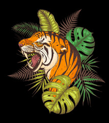 Tiger face and tropical leaves vector illustration. Hand drawn. Tiger angry portrait. Vector illustration.