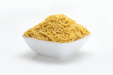 Indian snacks bhujiaa sev in white bowl in white background.