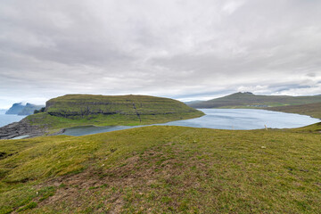 Fototapeta na wymiar Sorvagsvatn lake cliffs on Faroe Islands