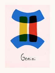 Gemini zodiac nursery poster. Horoscope symbol. Scandinavian style. Blue, red, yellow astrological art. Gift postcard Gemini sign. Freehand constellation set. 