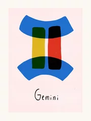 Fototapete Sternzeichen Gemini zodiac nursery poster. Horoscope symbol. Scandinavian style. Blue, red, yellow astrological art. Gift postcard Gemini sign. Freehand constellation set. 
