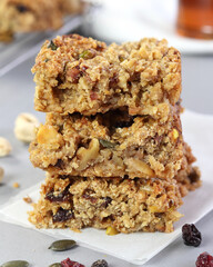 Homemade honey, nut and pear flapjacks