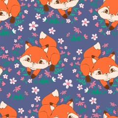 Cute fox and flowers seamless pattern sketch print design beautiful forest animal for baby background textile for newborns design vector illustration