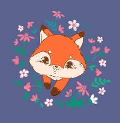Hand drawn cute Fox and flowers Vector Illustration Woodland animal Print for children's t-shirts.