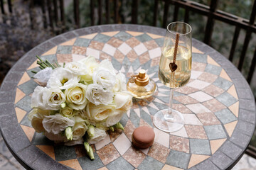 Wedding decor. bride's bouquet at a round vintage table
