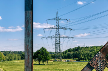 Electricity pylons with workers - Bochum, NRW, Germany