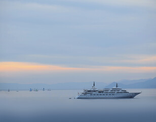 Obraz premium Luxury super yacht and sailing boats at sunset. Luxurius vacations, cruise, romantic time and sailing with yacht in Aegean/Mediterranean sea