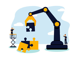 Business concept. Team metaphor. people connecting puzzle elements. Vector illustration flat design style. Symbol of teamwork, cooperation, partnership.