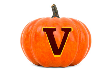 Letter V Halloween Font. Pumpkin with carved letter, 3D rendering
