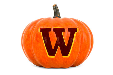 Letter W Halloween Font. Pumpkin with carved letter, 3D rendering