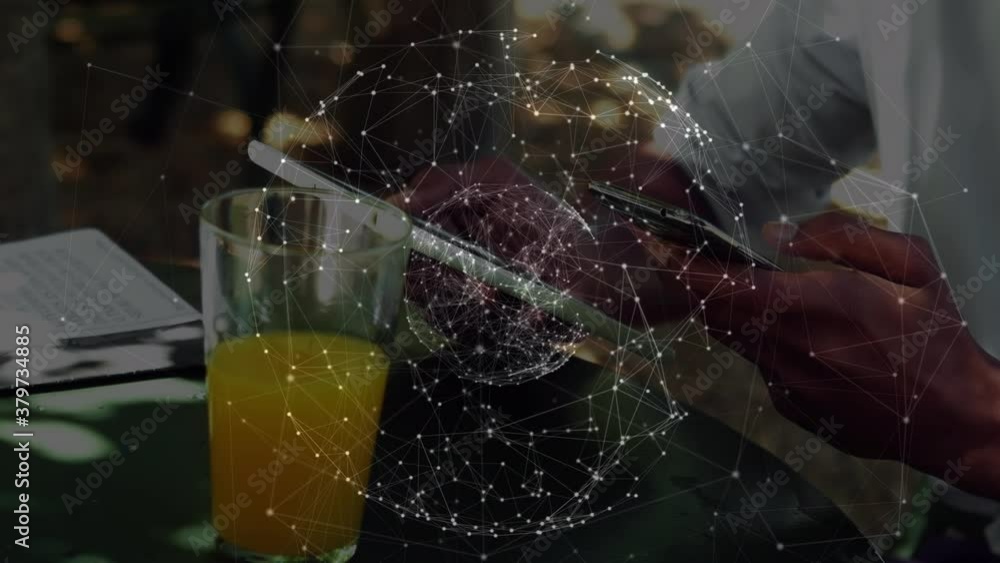 Aufkleber globe of network of connections against mid section of man with digital tablet using smartphone
