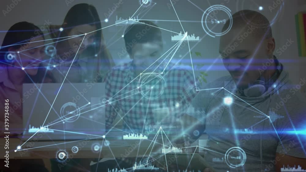 Poster network of connections and data processing against man using digital tablet at office