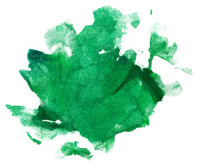 Hand-drawn watercolor green stain on paper. Isolated on white background