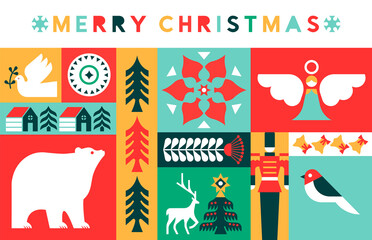 Naklejka premium Merry Christmas retro folk art holiday mosaic card