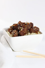 Homemade chunky Chinese crispy chilli beef and rice