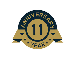 Gold 11 years anniversary badge with banner image, Anniversary logo with golden isolated on white background