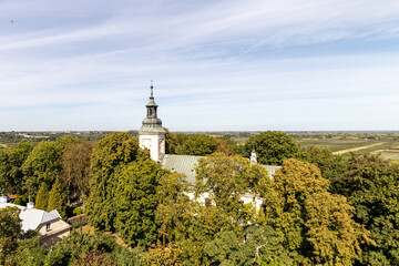 An aerial view of an old church in the midst of trees