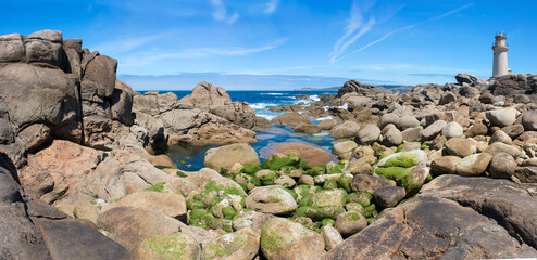 Landscape and Light House at the Coast of Muxia (in Spanish Playa de Mugía) Northern Spain Galicia Pedra da Garza Costa da Morte