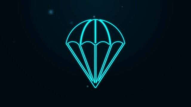 Glowing neon line Parachute icon isolated on black background. 4K Video motion graphic animation