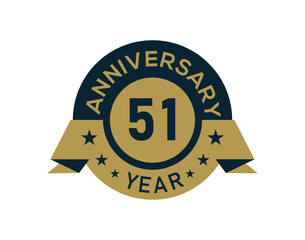 Gold 51 years anniversary badge with banner image, Anniversary logo with golden isolated on white background