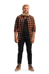 Fototapeta premium Full length portrait of a blond guy with beard and mustache wearing casual clothing