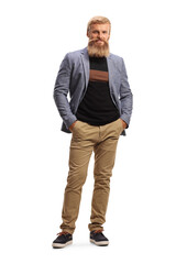 Full length portrait of a bearded guy with mustache posing