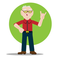 Vector portrait of an elderly man showing the sign of the horns. The best grandfather. Cool grandpa. International Day of Older Persons.