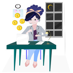 Vector illustration woman freelancers working on laptops and computers at home. Girl wears a headphone.
Flat style  isolated on white background.