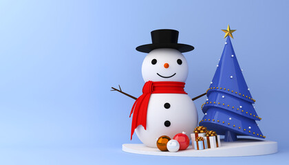 Snowman, christmas tree and gift box 3d rendering.