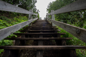 A wood stair trail in summer forest at Straits State Park in Michigan
