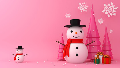 Snowman, christmas tree and gift box 3d rendering.