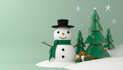 Snowman, christmas tree and gift box 3d rendering.