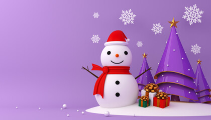 Snowman, christmas tree and gift box 3d rendering.
