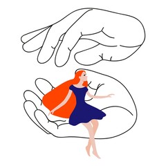 A tiny girl sits on a huge male palm, the second palm covers her from above. The concept of protection, help, the desire to protect. Vector illustration in a flat style.