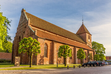Fototapeta na wymiar A medieval lutheran church built in red bricks in the center of Ribe town