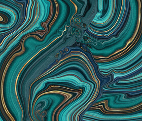 abstract malachite green background, fake agate with golden veins, painted artificial stone texture, marbled surface, digital marbling illustration - obrazy, fototapety, plakaty