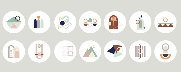Set of various abstract geometric cover highlights for social media content. Round modern icons. Circles, arches, straight lines. Design of logos, business cards, brand books, stationery and prints.