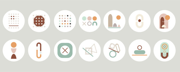 Set of various abstract geometric cover highlights for social media content. Round modern icons. Circles, arches, straight lines. Design of logos, business cards, brand books, stationery and prints.