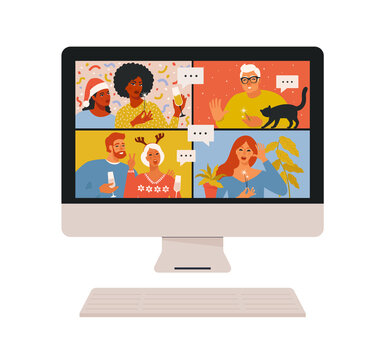 Concept of videoconference and web communication. Team meeting online. Smiling man and women work remotely and have a Christmas virtual discussion. Vector illustration in flat cartoon style.