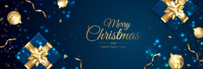 Merry Christmas and Happy New Year Holiday white banner illustration. Xmas design with realistic vector 3d objects, golden christmass ball, snowflake, glitter gold confetti.