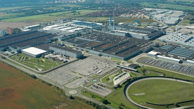 Aerial, Reverse, Drone Shot, Away From The Group Car Plant, Europe Slovakia bratislava 26.8.2020n