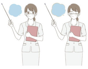 Medical / beauty hand-painted style female upper body illustration facial expression set wearing uniform and mask