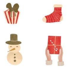 New Year's, Christmas set. snowman with hat, gifts with creative prints, sock for gifts