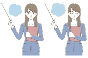 手描き風　指示棒を持って教えているビジネスウーマンのイラスト表情セット