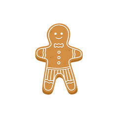 Christmas gingerbread man cookie character, with white icing for decoration, symbol of winter holiday. Homemade biscuit for Xmas and New Year party. Vector illustration, isolated on background. 