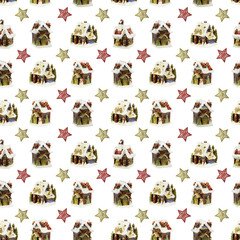 A seamless pattern of Christmas porcelain houses and carved stars on a white background.