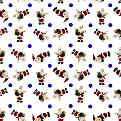 A seamless Christmas pattern of Canta Klaus figurines in a red suit and a large bag of gifts on a white background.