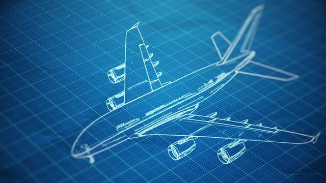 Abstract background with animation of blueprint drawing airplane. Animation of seamless loop.