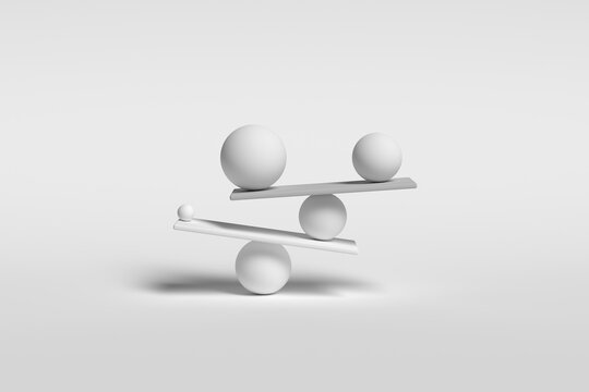 Balancing spheres in white monochrome color. Conceptual 3d render of mindfulness, relax and harmony.