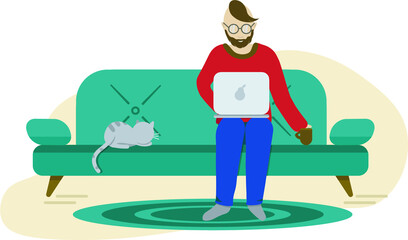 Funny freelancer in glasses and grey socks sitting on a sofa with a laptop and a striped cat at home office